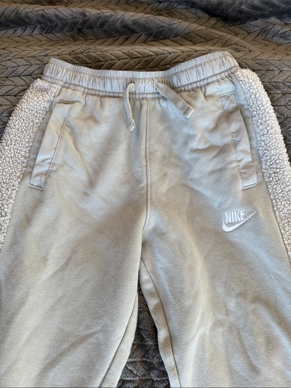 Nike Kids Sage Green Joggers with White Sherpa Side Panels